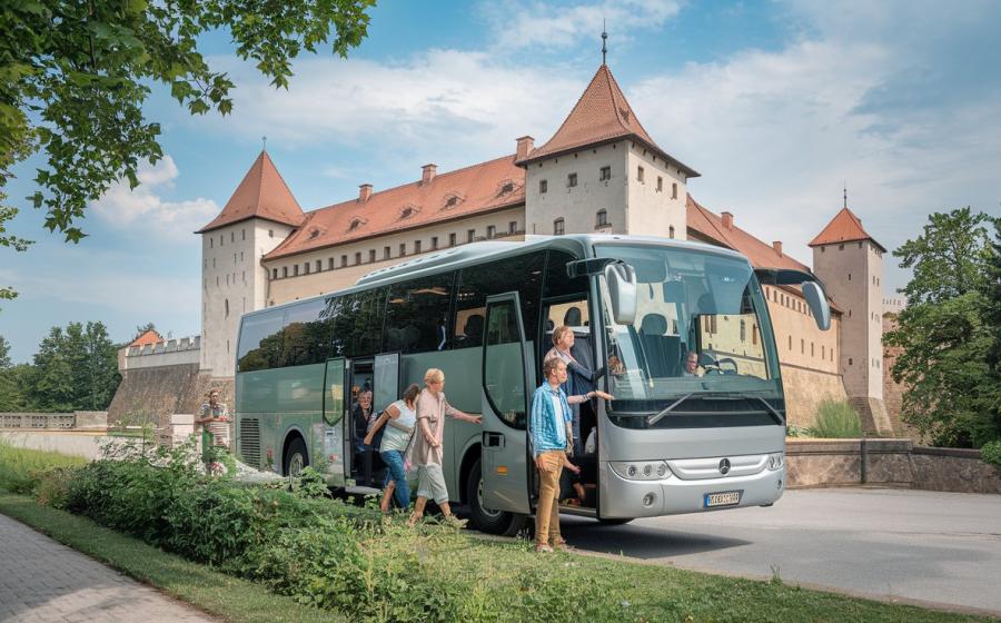 szürke buszra szállnak fel emberek, háttérben vár